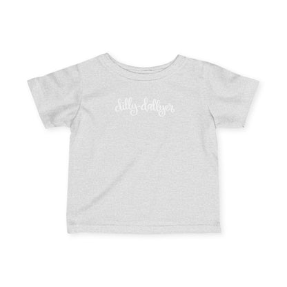Heather Dilly-Dallyer infant T-shirt, front product mockup with script design.