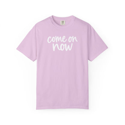 Orchid Come On Now garment-dyed adult T-shirt, front product mockup.