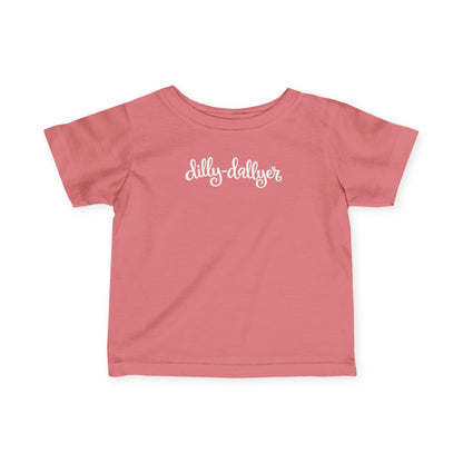 Mauvelous Dilly-Dallyer infant T-shirt, front product mockup with script design.