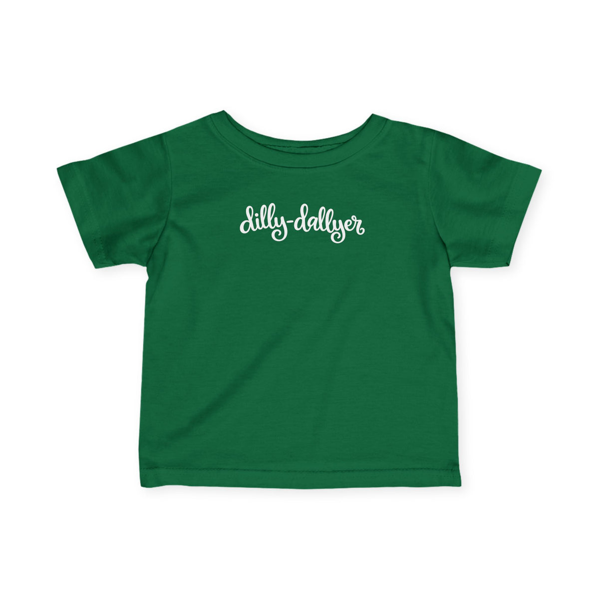 Kelly Dilly-Dallyer infant T-shirt, front product mockup with script design.