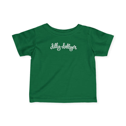 Kelly Dilly-Dallyer infant T-shirt, front product mockup with script design.