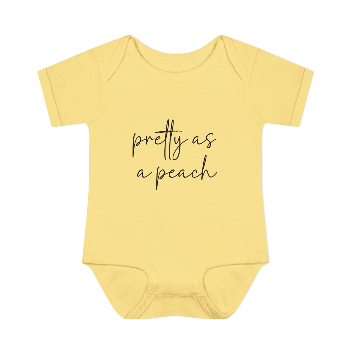 Banana Pretty as a Peach baby bodysuit, front product mockup showing the script design.