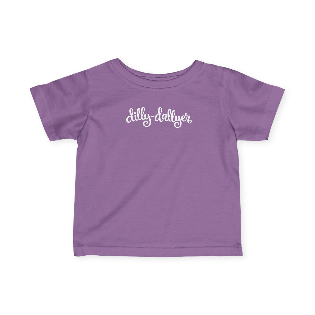 Lavender Dilly-Dallyer infant T-shirt, front product mockup with script design.