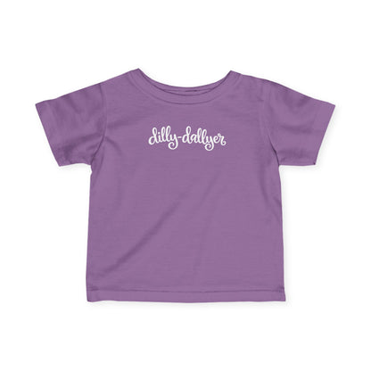 Lavender Dilly-Dallyer infant T-shirt, front product mockup with script design.