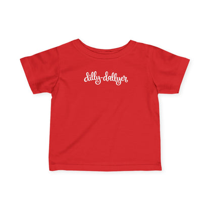 Red Dilly-Dallyer infant T-shirt, front product mockup with script design.