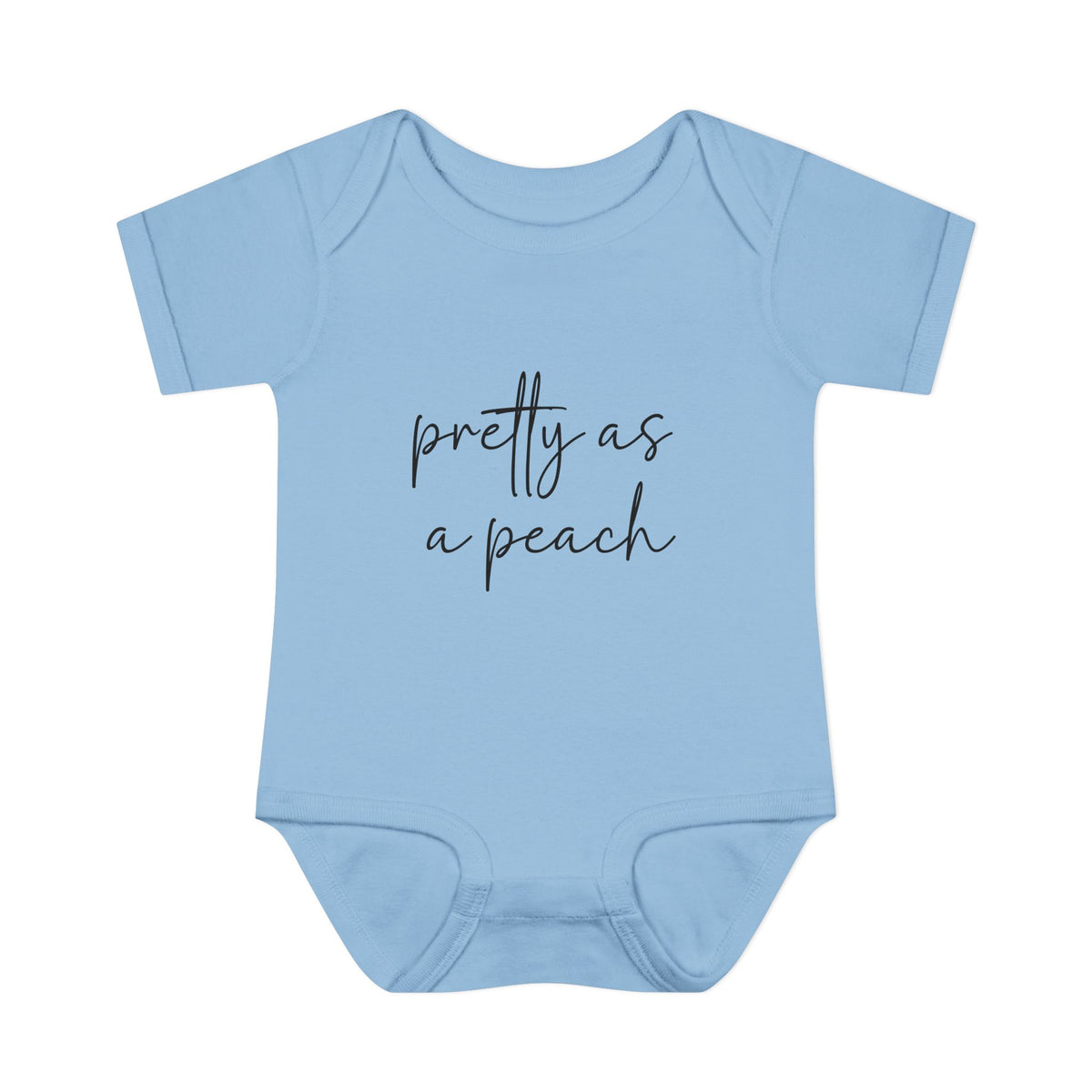 Light Blue Pretty as a Peach baby bodysuit, front product mockup showing the script design.