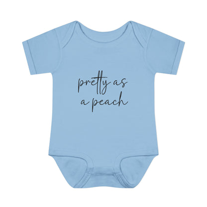Light Blue Pretty as a Peach baby bodysuit, front product mockup showing the script design.