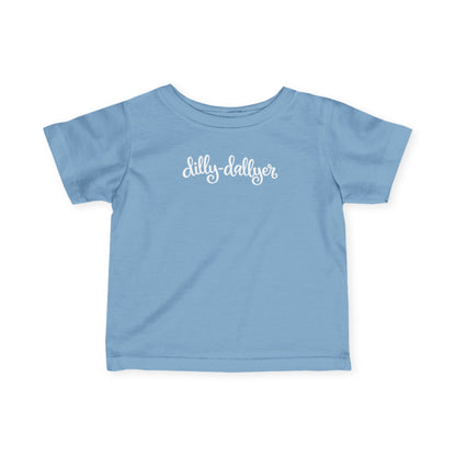 Light Blue Dilly-Dallyer infant T-shirt, front product mockup with script design.