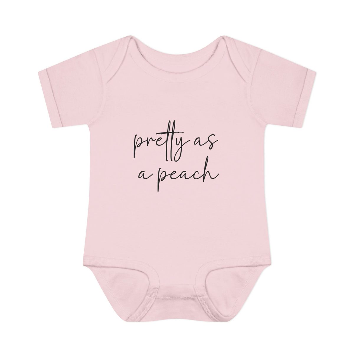 Ballerina Pretty as a Peach baby bodysuit, front product mockup showing the script design.