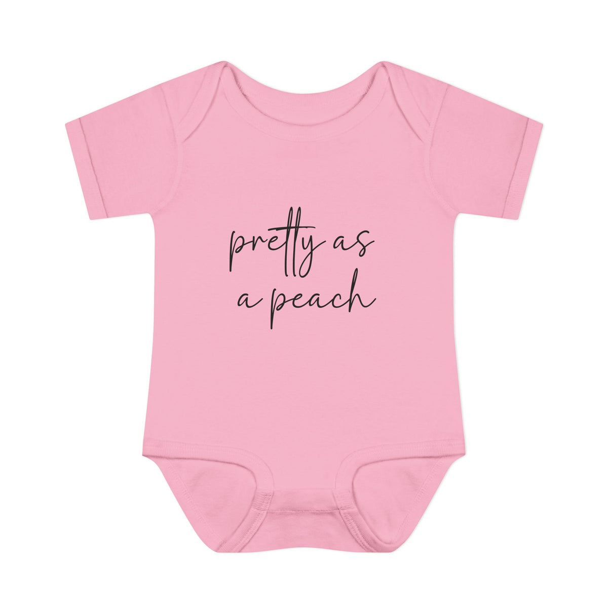 Pink Pretty as a Peach baby bodysuit, front product mockup showing the script design.
