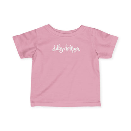 Pink Dilly-Dallyer infant T-shirt, front product mockup with script design.