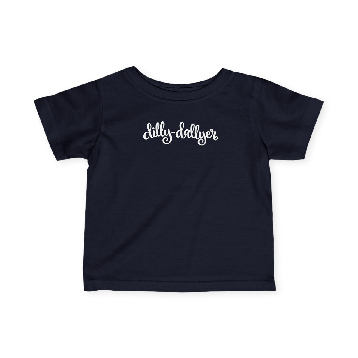 Navy Dilly-Dallyer infant T-shirt, front product mockup with script design.
