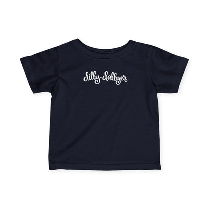 Navy Dilly-Dallyer infant T-shirt, front product mockup with script design.