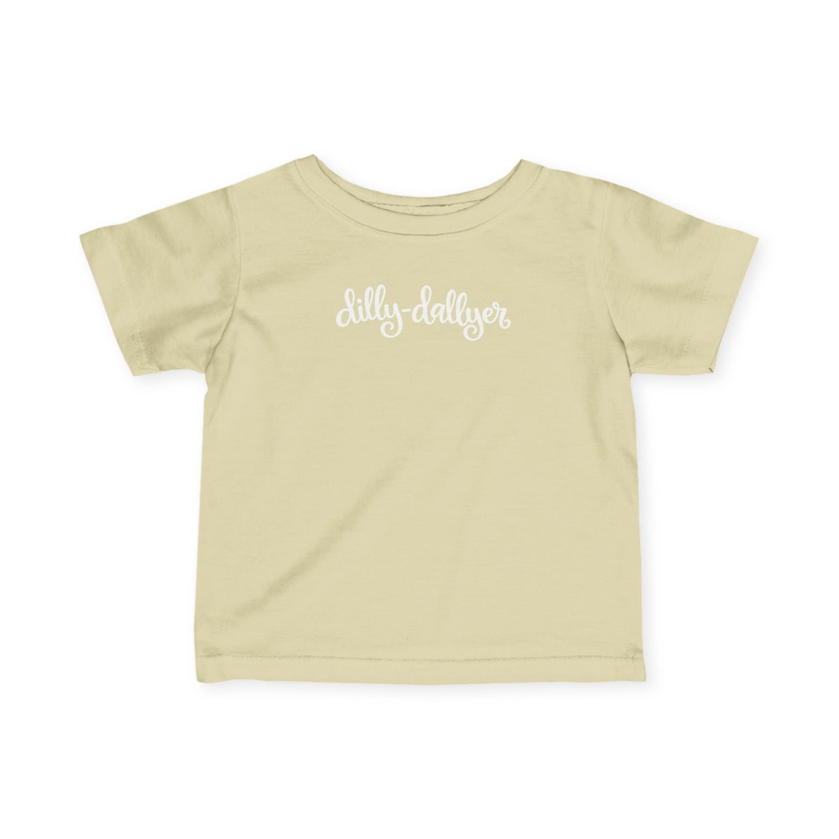Natural Dilly-Dallyer infant T-shirt, front product mockup with script design.