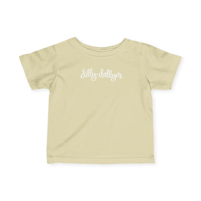 Natural Dilly-Dallyer infant T-shirt, front product mockup with script design.