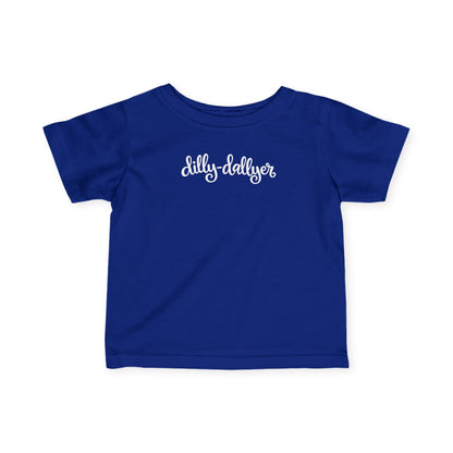 Royal Dilly-Dallyer infant T-shirt, front product mockup with script design.