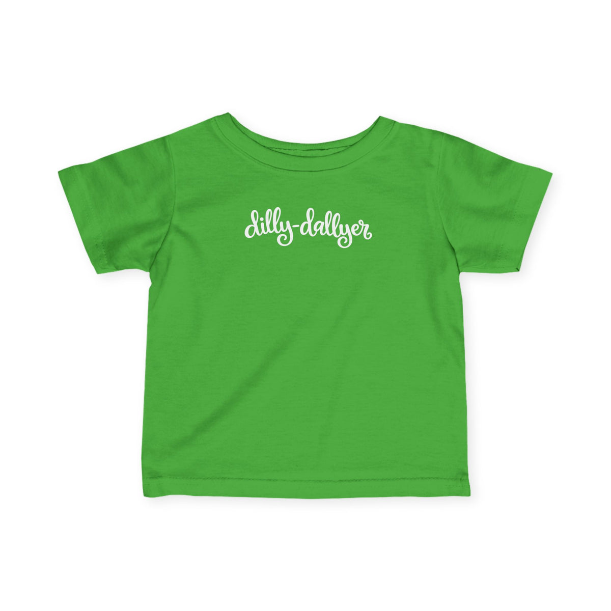 Apple Dilly-Dallyer infant T-shirt, front product mockup with script design.