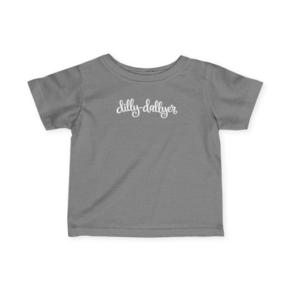 Granite Heather Dilly-Dallyer infant T-shirt, front product mockup with script design.