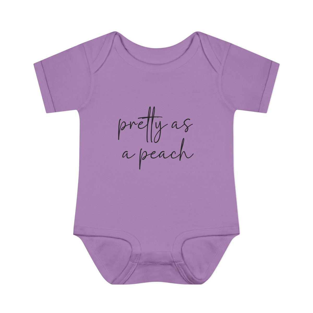 Lavender Pretty as a Peach baby bodysuit, front product mockup showing the script design.