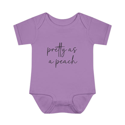 Lavender Pretty as a Peach baby bodysuit, front product mockup showing the script design.