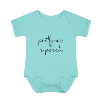 Chill Pretty as a Peach baby bodysuit, front product mockup showing the script design.