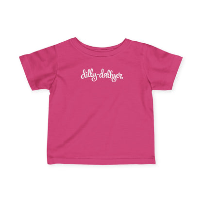 Hot Pink Dilly-Dallyer infant T-shirt, front product mockup with script design.
