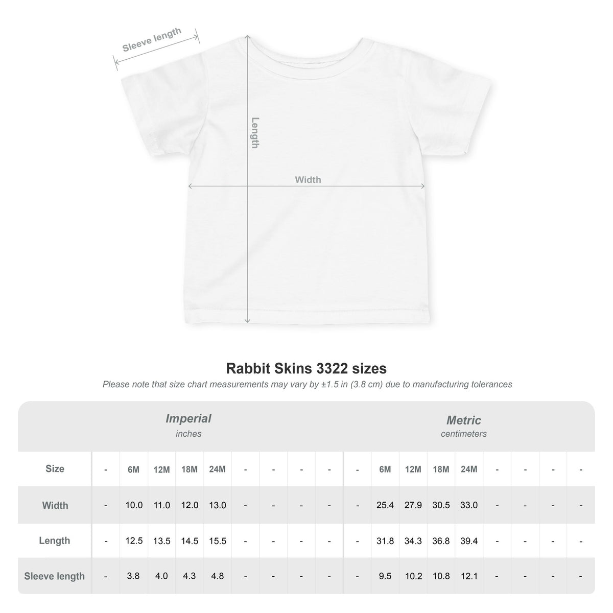 Rabbit Skins infant tee size guide showing where to measure width, length, and sleeve length.