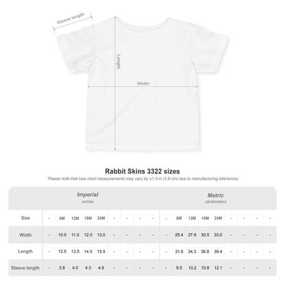 Rabbit Skins infant tee size guide showing where to measure width, length, and sleeve length.