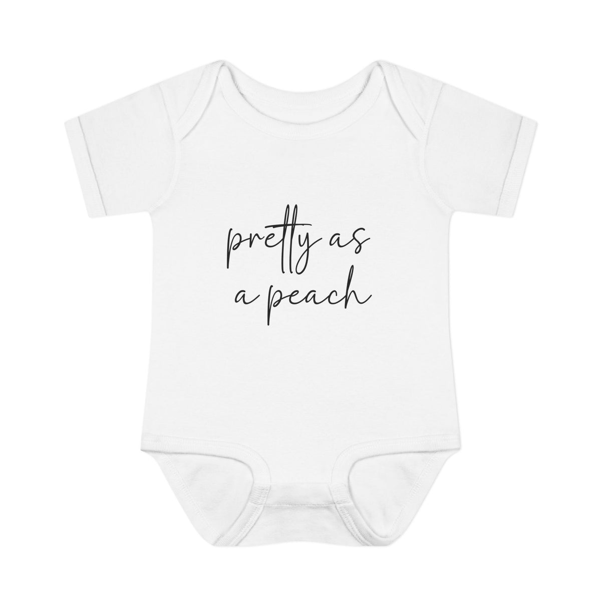 White Pretty as a Peach baby bodysuit, front product mockup showing the script design.