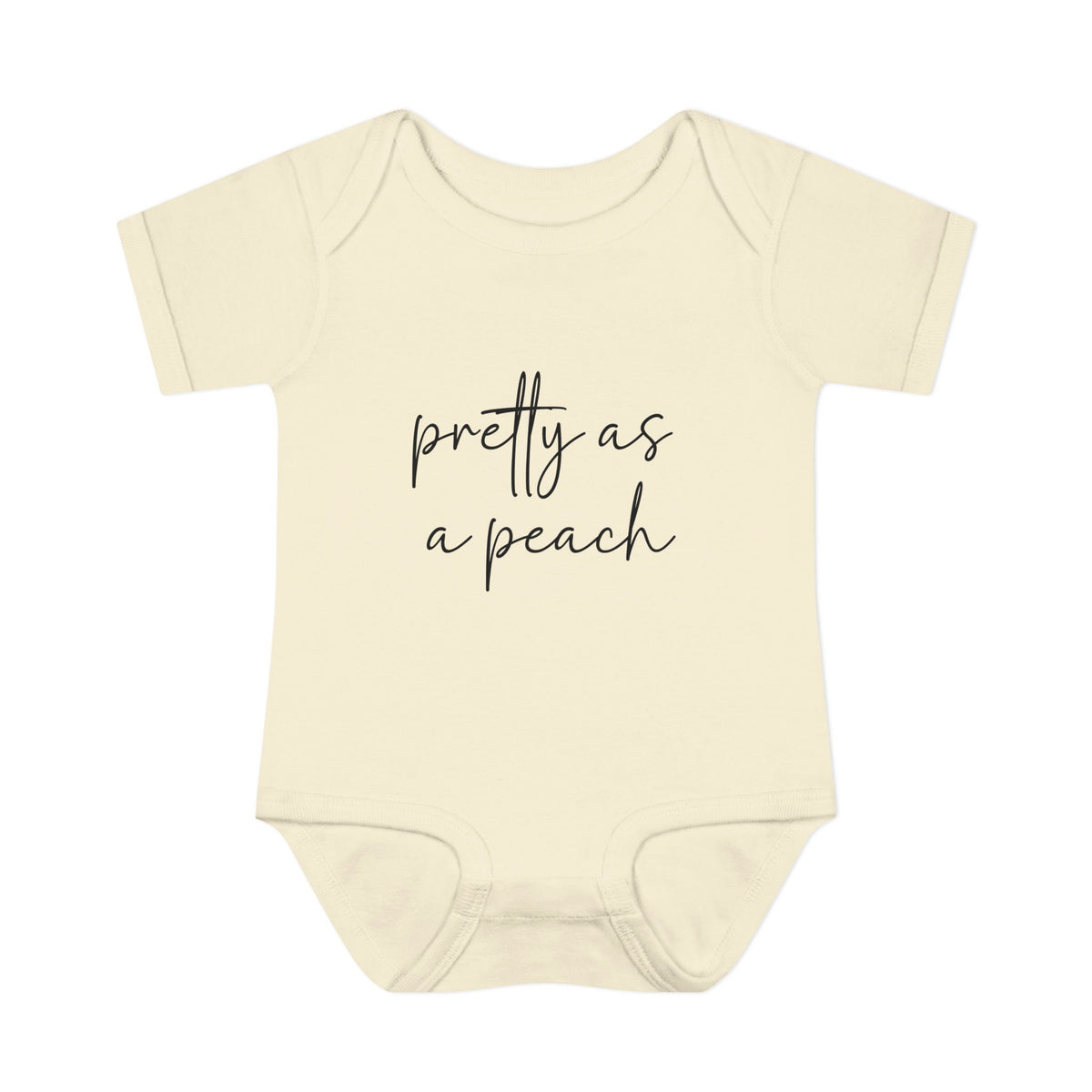 Natural Pretty as a Peach baby bodysuit, front product mockup showing the script design.