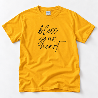Gold Bless Your Heart adult T-shirt laid flat with black script lettering.
