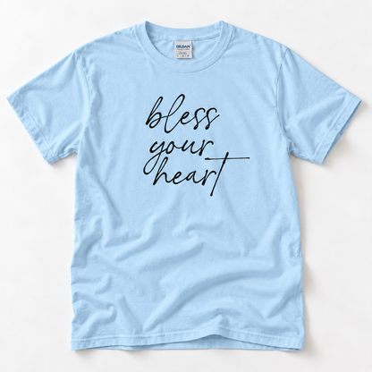 Light Blue Bless Your Heart adult T-shirt laid flat with black script lettering.