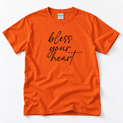 Orange Bless Your Heart adult T-shirt laid flat with black script lettering.