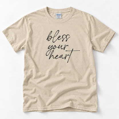 Sand Bless Your Heart adult T-shirt laid flat with black script lettering.