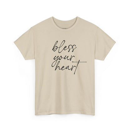 Sand Bless Your Heart T-shirt with black script print on a white background.
