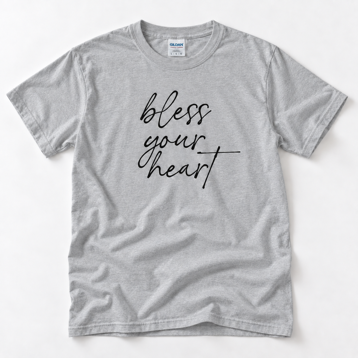 Sport Grey Bless Your Heart adult T-shirt laid flat with black script lettering.