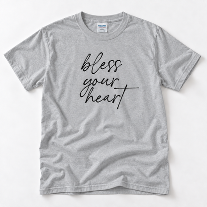 Sport Grey Bless Your Heart adult T-shirt laid flat with black script lettering.