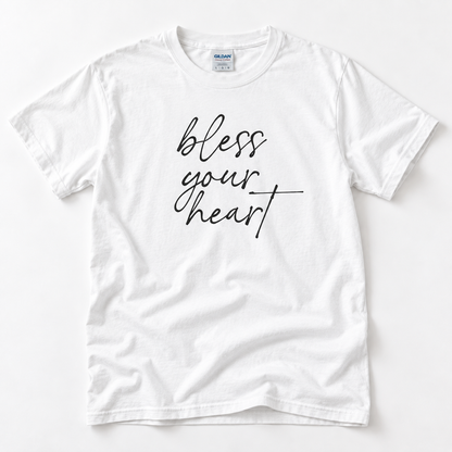 White Bless Your Heart adult T-shirt laid flat with black script lettering.