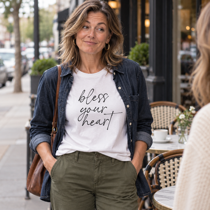 Woman in a white Bless Your Heart tee and denim overshirt outside a cafe.