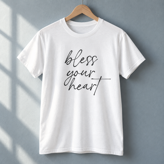 White Bless Your Heart script tee hanging against a blue-gray wall.