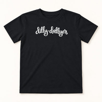 Black Dilly-Dallyer kids tee with white script, flat on a cream background
