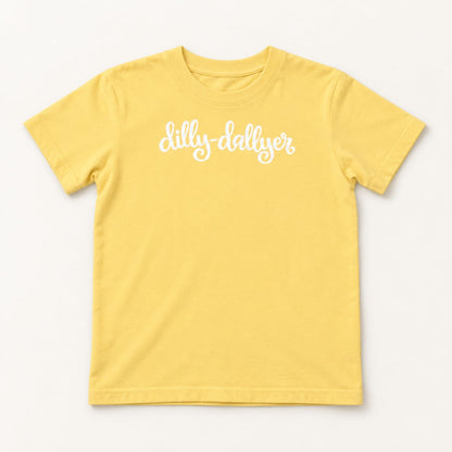 Butter Dilly-Dallyer kids tee with white script, flat on a cream background
