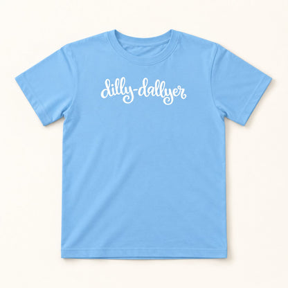 Light Blue Dilly-Dallyer kids tee with white script, flat on a cream background