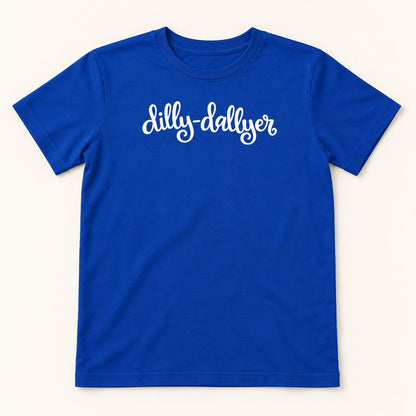 Royal Dilly-Dallyer kids tee with white script, flat on a cream background