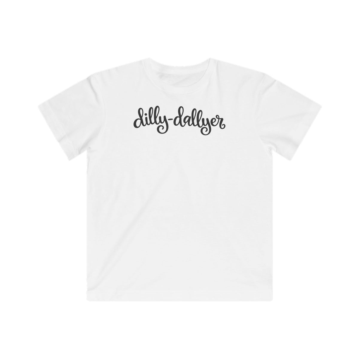 White Dilly-Dallyer kids tee with black script, front view