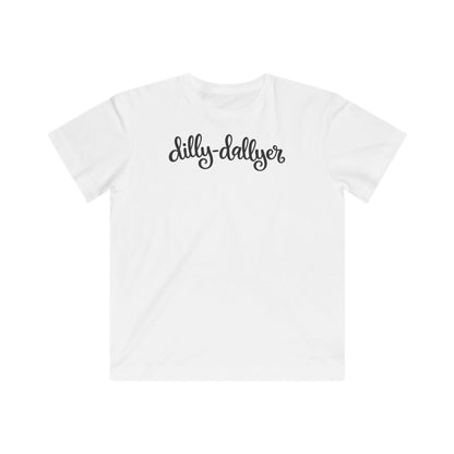 White Dilly-Dallyer kids tee with black script, front view