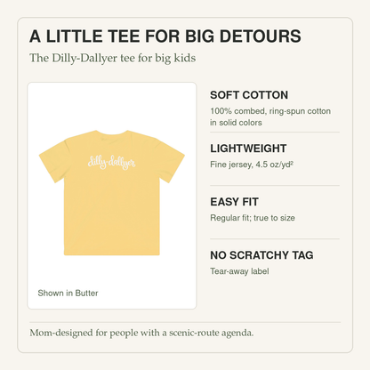 Butter Dilly-Dallyer tee with cotton, 4.5 oz fabric, regular fit, and tear-away label details