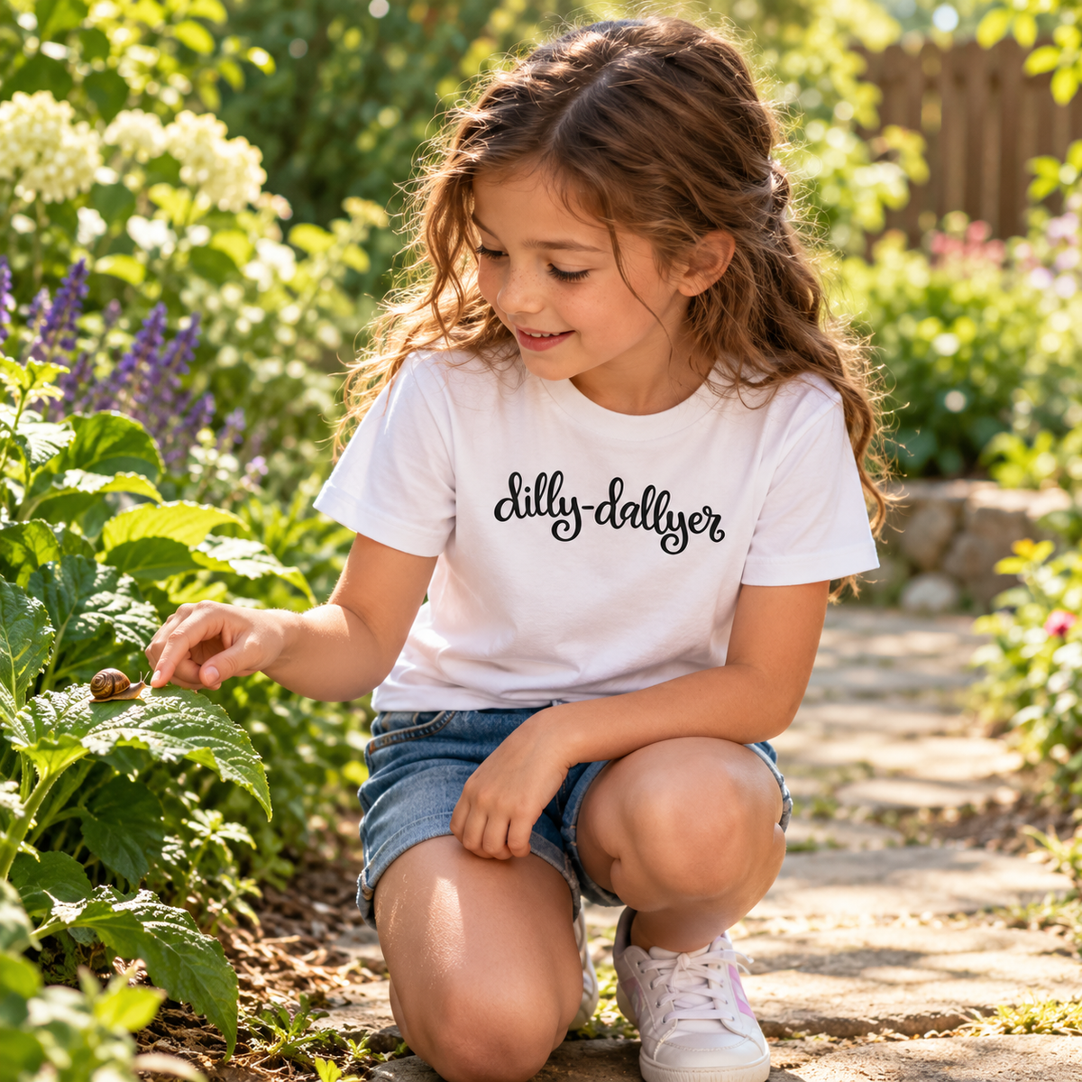 Fictional child in a white Dilly-Dallyer tee looking at a snail in a garden