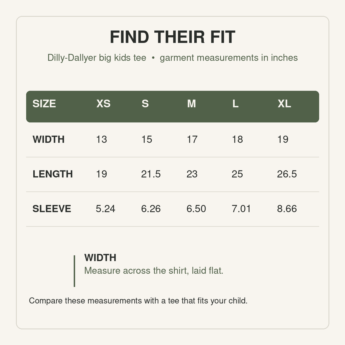 Dilly-Dallyer kids tee size chart, XS to XL, with garment width, length, and sleeve measurements in inches