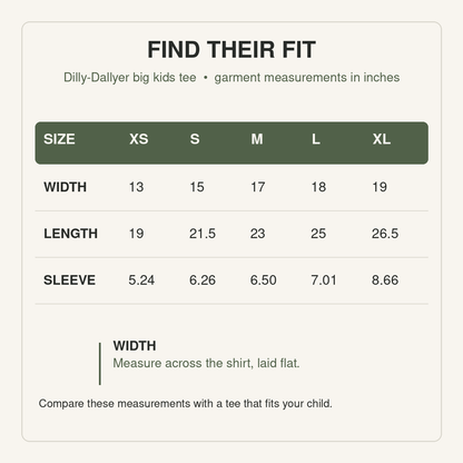 Dilly-Dallyer kids tee size chart, XS to XL, with garment width, length, and sleeve measurements in inches